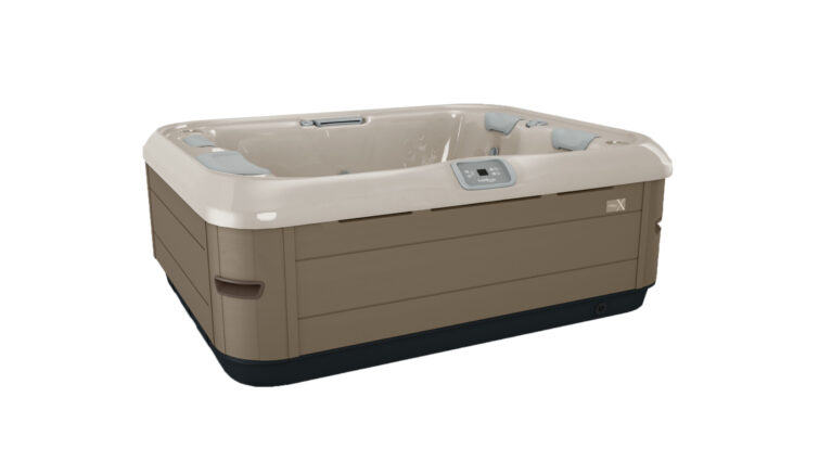 Obdĺžniková vírivka 4–5 osôb s béžovou vaňou, hnedým obkladom, opierkami a digitálnym ovládaním do záhrady, jacuzzi.