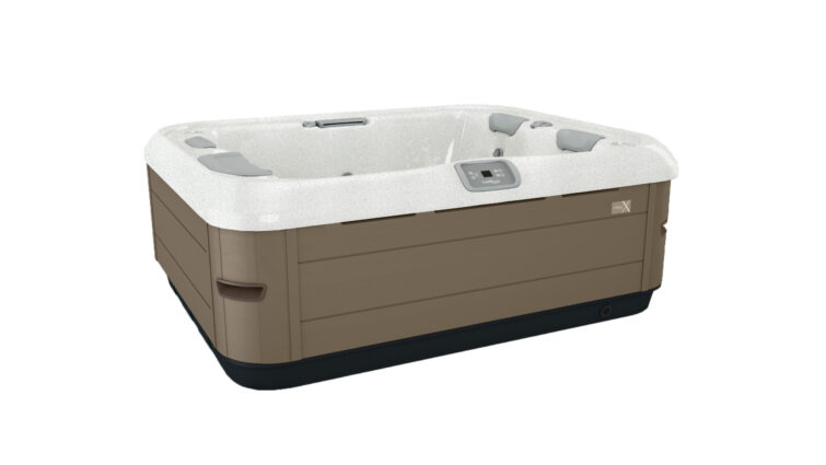 Vírivka pre 4 osoby s hnedým obkladom a bielou vaňou, vstavaný ovládací panel, domáca záhradná jacuzzi