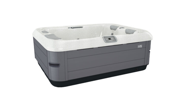 Vírivka pre dom a záhradu – sivý vonkajší model s masážnymi tryskami, opierkami hlavy a digitálnym ovládaním.