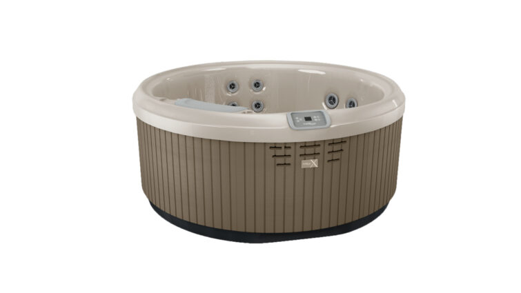 Okrúhla vírivka spa s hydromasážnymi tryskami a digitálnym ovládaním, moderný béžovo‑hnedý dizajn