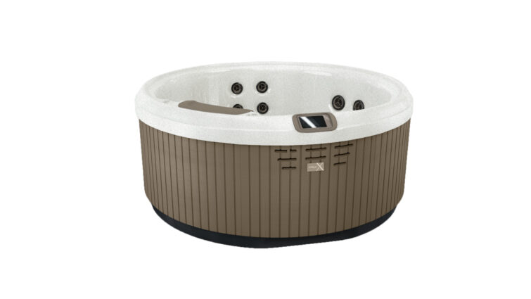 Vírivka okrúhla s hydromasážnymi tryskami, hnedý obklad, biela vaňa a ovládací panel – exteriérové spa jacuzzi.