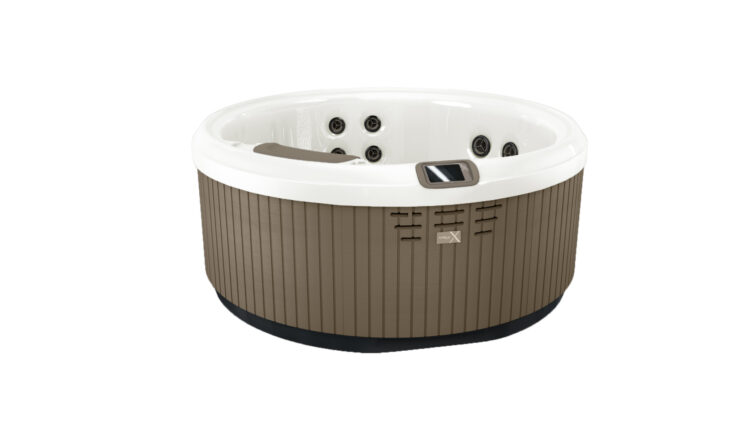 Okrúhla vírivka s hydromasážnymi tryskami a ovládaním, hnedý obklad, biela vaňa, jacuzzi pre 4-5 osôb