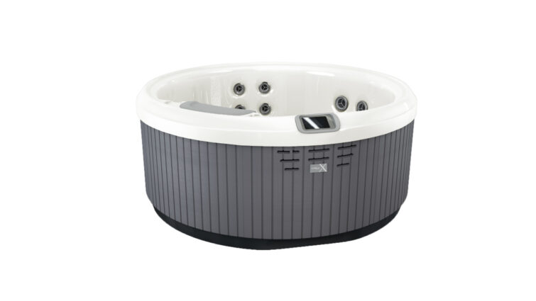 Okrúhla vírivka jacuzzi so sivým obkladom a bielym interiérom, hydromasážne trysky a ovládací panel – domáce wellness