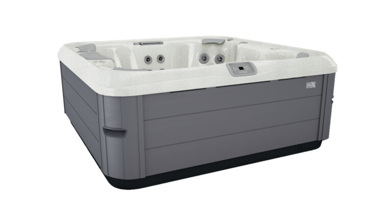 Záhradná hydromasážna vírivka, sivý obklad, biely interiér s tryskami a ovládaním – luxusná jacuzzi na terasu.